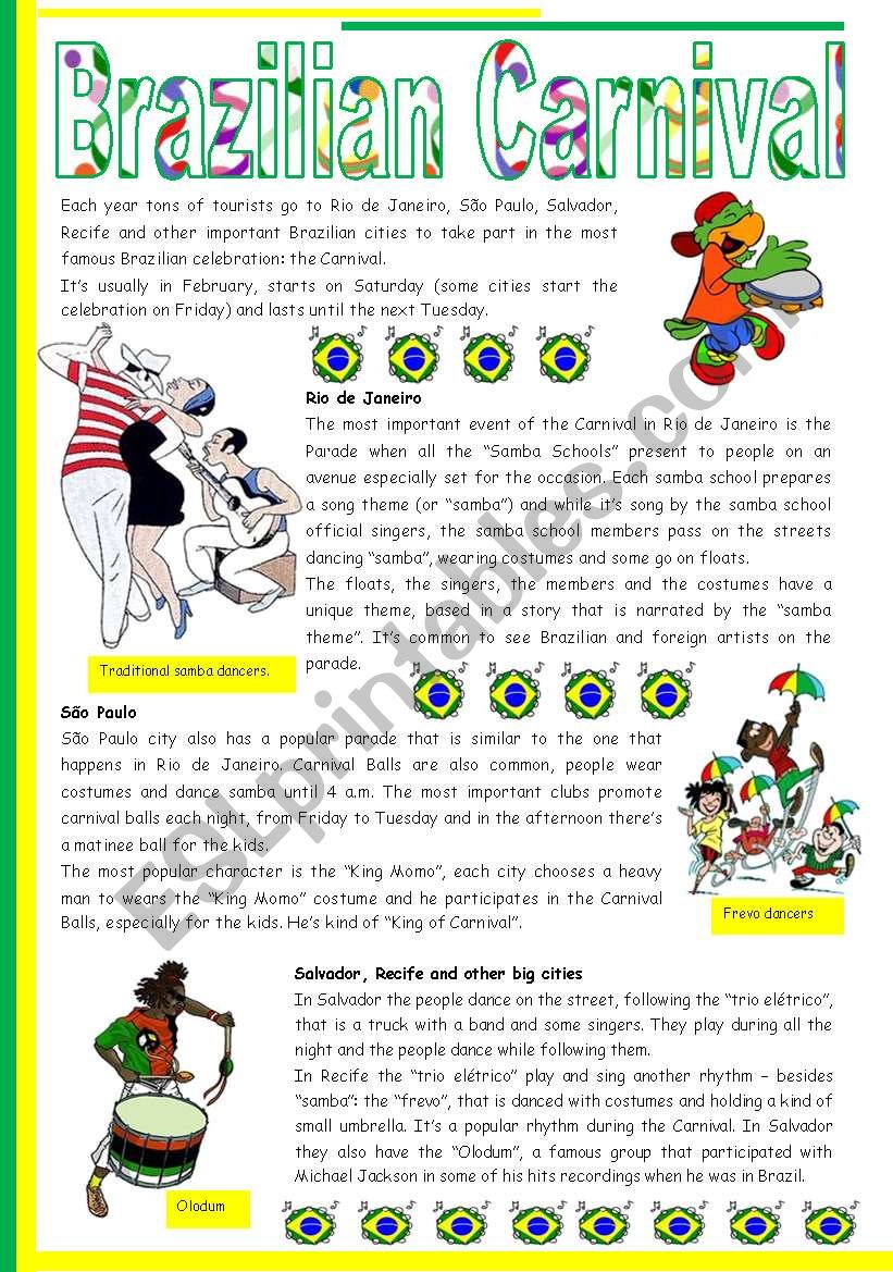Brazilian Carnival â€“ text, pictures, comprehension, video links [short texts + 3 tasks] KEYS INCLUDED {{4 pages)) ***editable